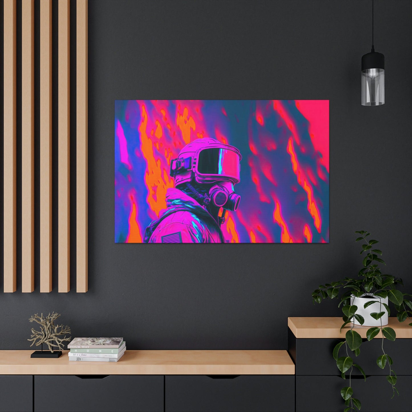 Firefighter VaportWave Art Canvas Art Ready To Hang Large Print, Man Cave, Video Game, Retro, Synthwave, Neon