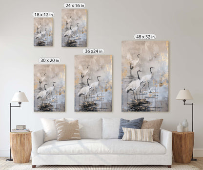 Japanese Cranes, Gold & Beige, Minimalist Art, Heron Decor, Framed Canvas, Japandi Print, Extra Large, Neutral Tones