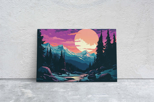 Mountain and Moon on Canvas, Nightfall Mountains, Midnight Landscape, Vibrant Color, Bold Design, Colorado Mountain, Illustration Outdoors