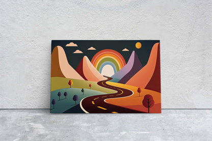 Rainbow Road, Colorful mountain, Minimalist, Canvas Art Large Print, Oil Painting, Landscape, Cartoon, Bold Illustration, Joyful
