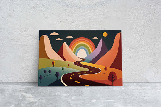 Rainbow Road, Colorful mountain, Minimalist, Canvas Art Large Print, Oil Painting, Landscape, Cartoon, Bold Illustration, Joyful