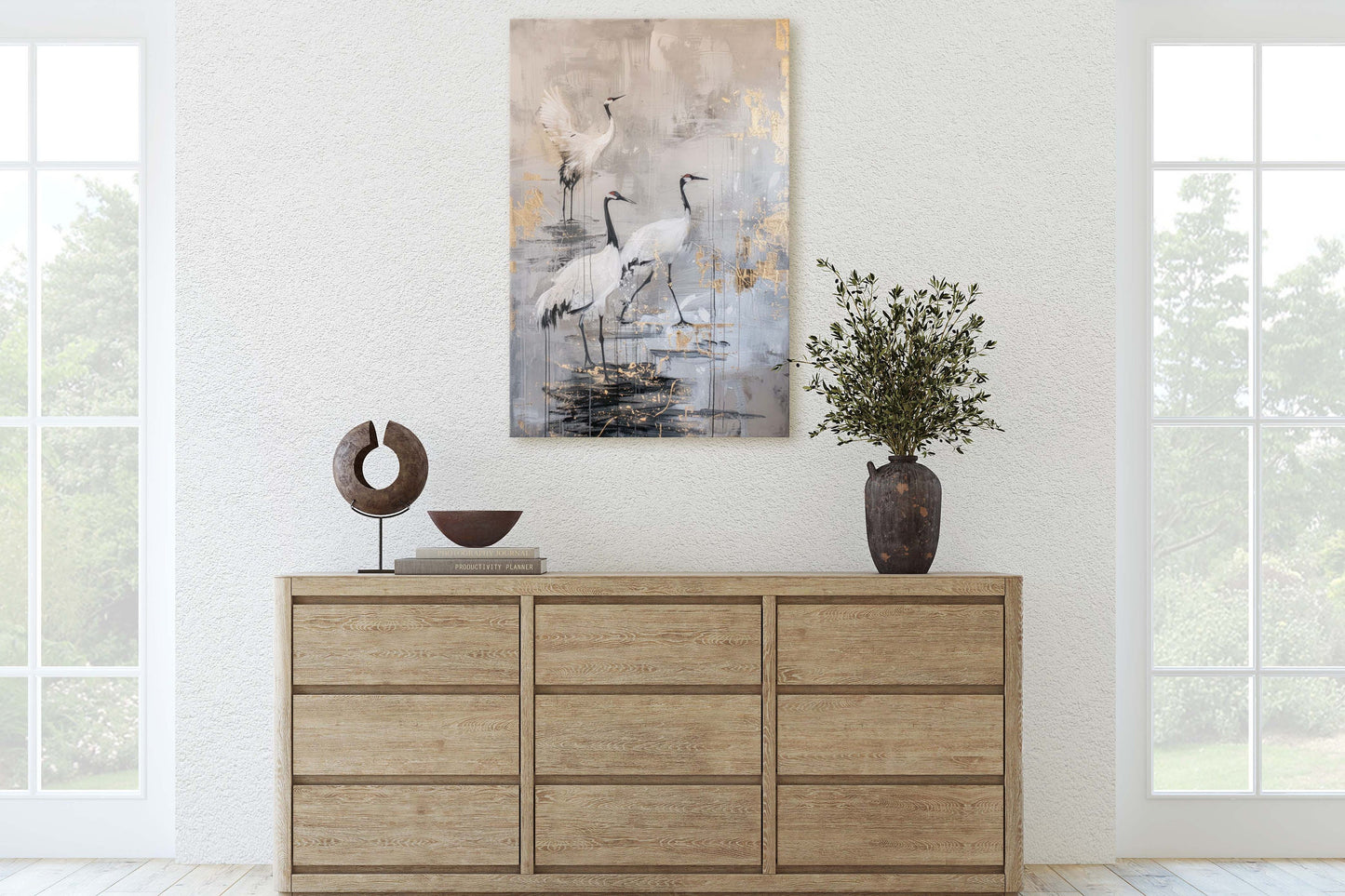 Japanese Cranes, Gold & Beige, Minimalist Art, Heron Decor, Framed Canvas, Japandi Print, Extra Large, Neutral Tones