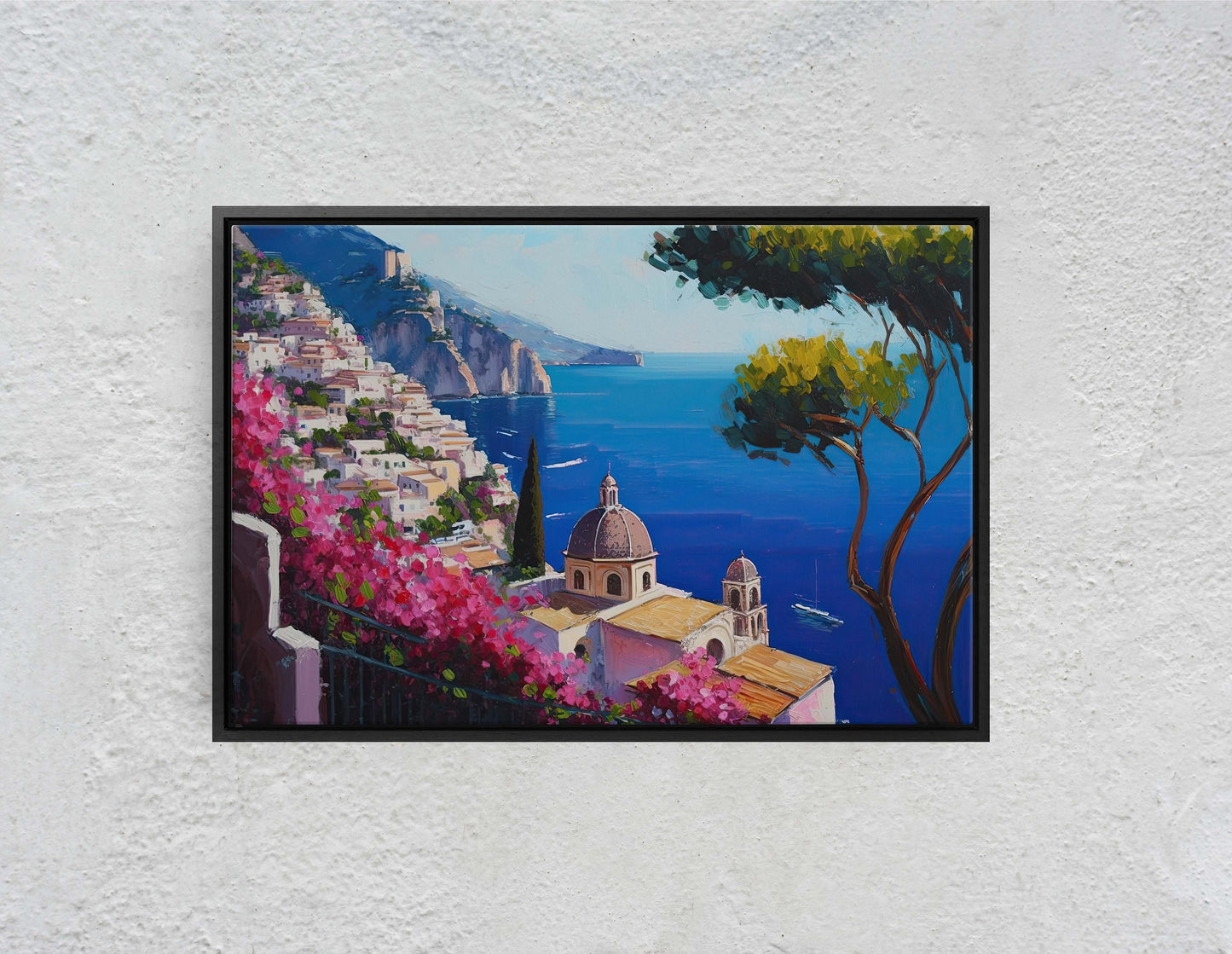 Italy Amalfi Coast, Seaside Coast, Colorful, Flowers Canvas, Coastline, Large Print, Painting, Landscape, Ocean Side, Beautiful View