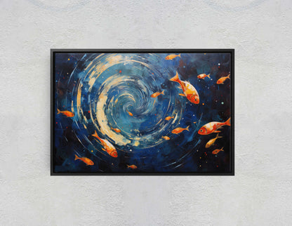 Fish School Painting, Canvas Wall Art, Abstract Blue Sea Painting, Boho Wall Décor, Custom Painting, Home Decor,Large Original,Framed Canvas