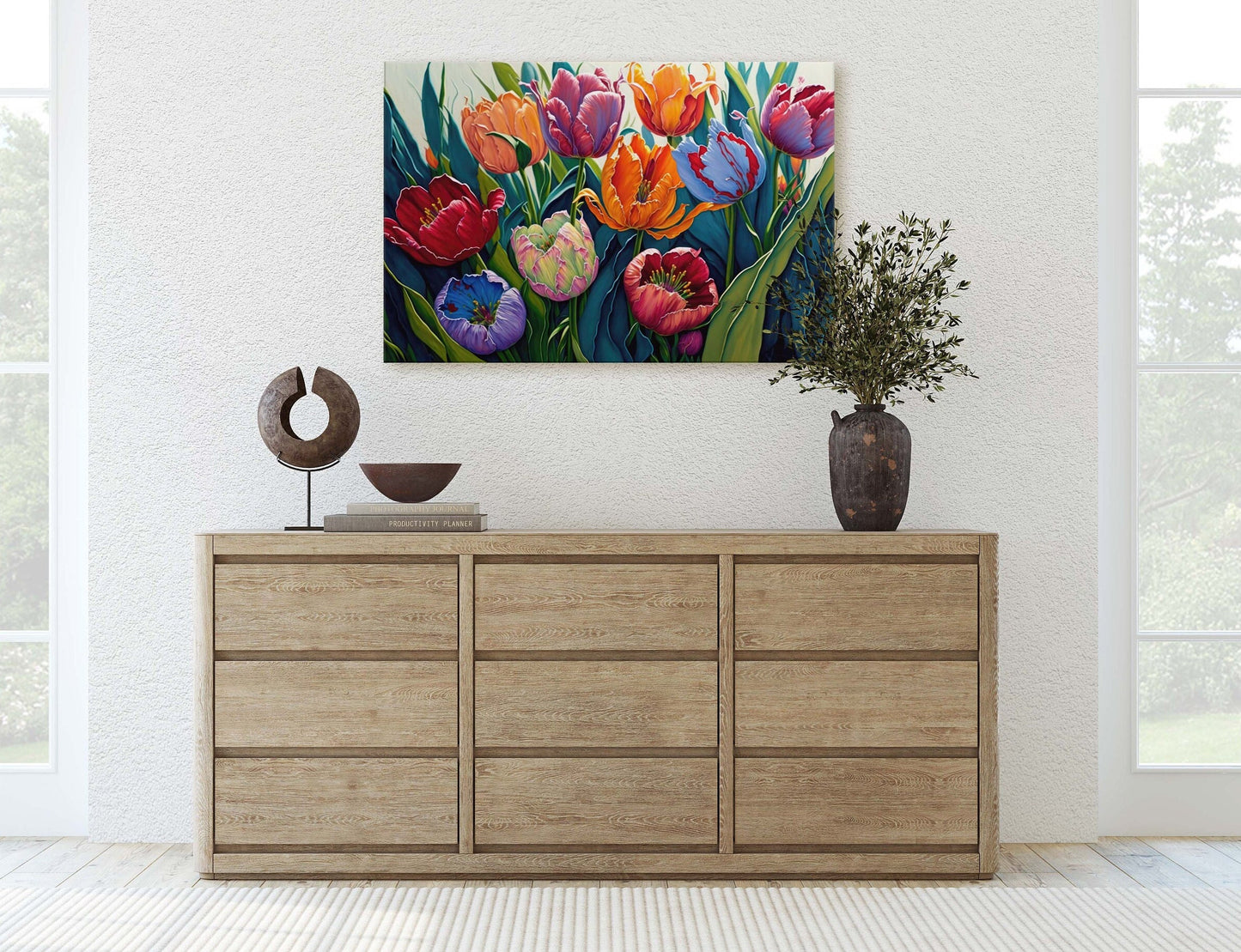 Tulip Field Fine Art Canvas Art Ready To Hang Large Print, Oil Painting, Colorful flower