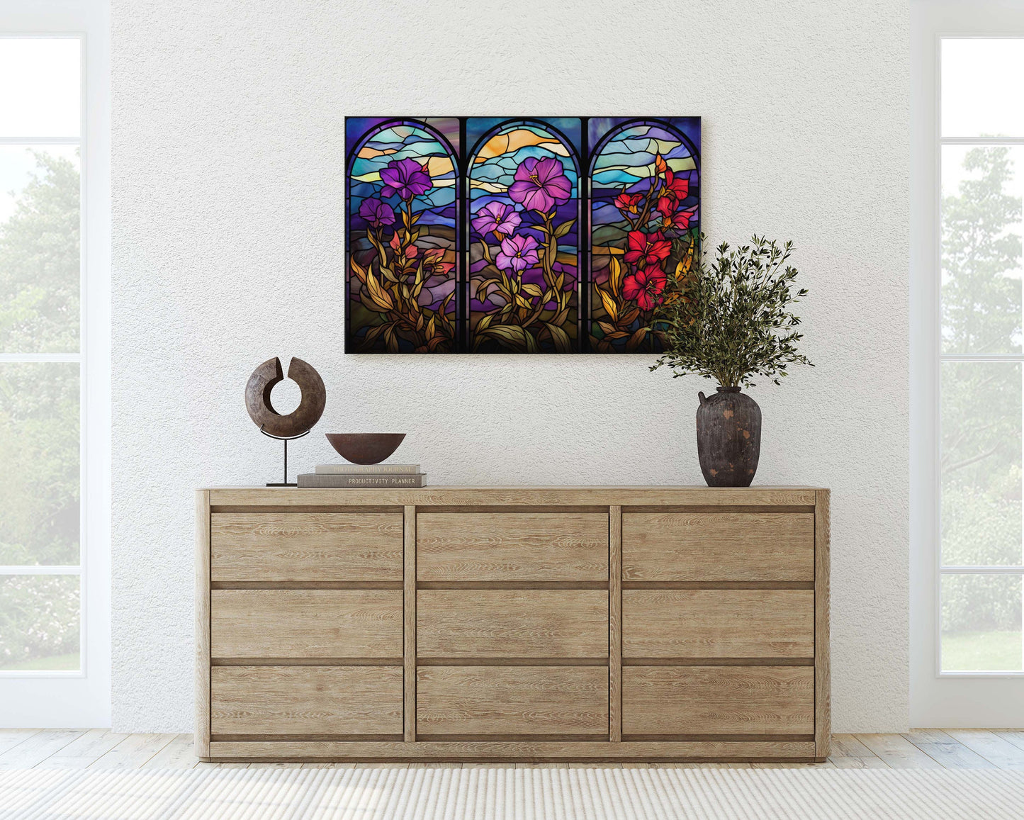 Stained Glass Flowers, Flower Portraits, Wildflowers, Framed Canvas, Vivid Color, Bright
