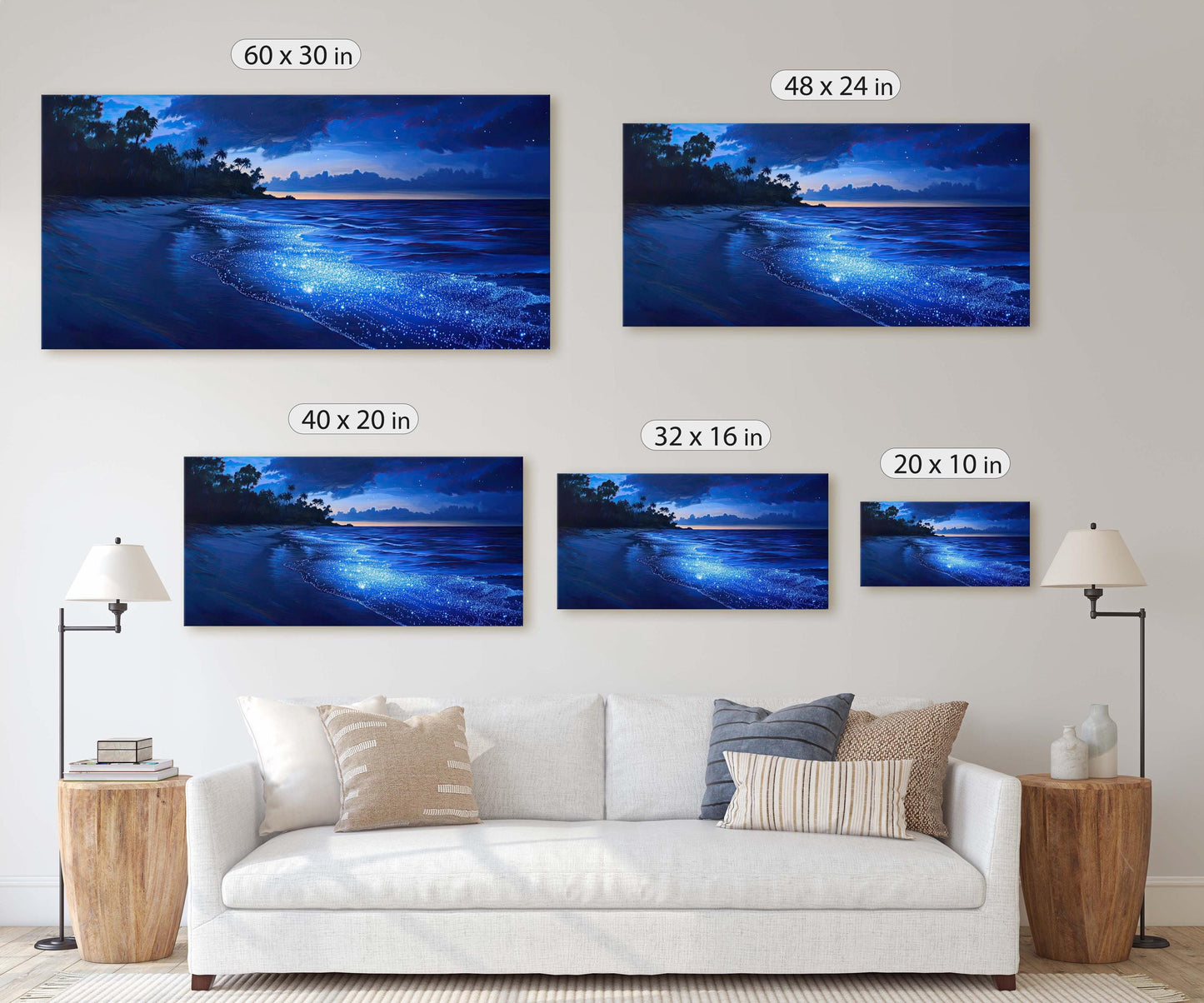 Starry Beach, Night Beach Art, Coast Painting, Blue Glow