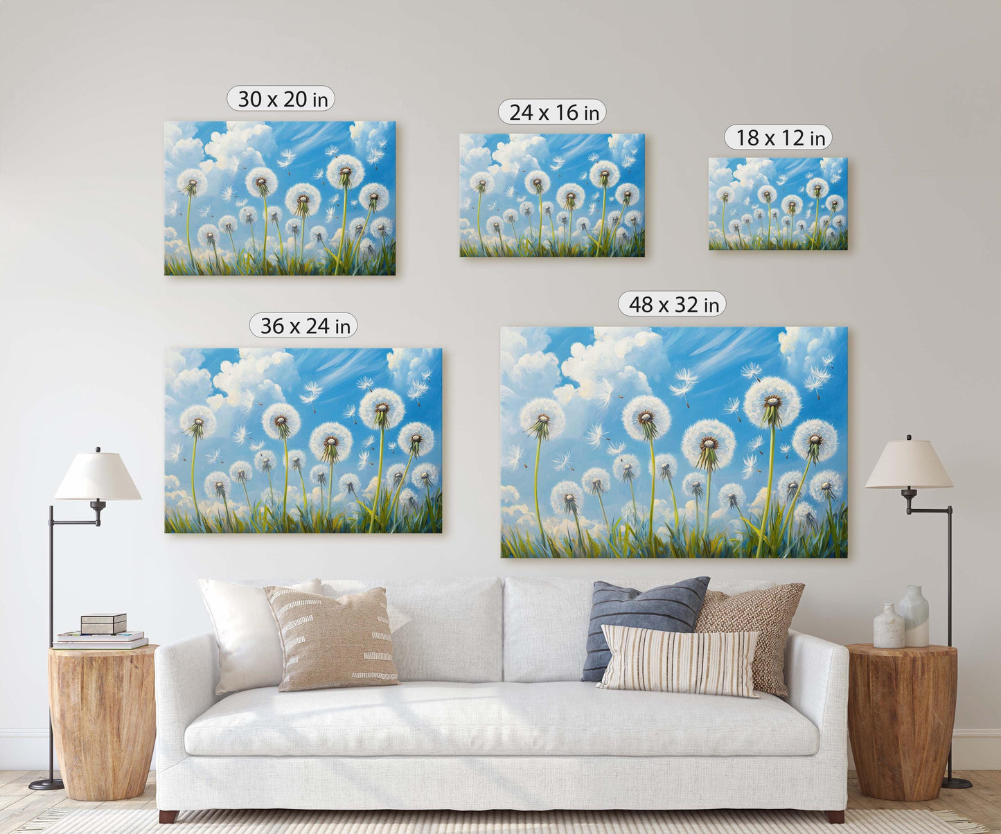 Dandelions Painting, Blue Sky Art, Close up Flowers, Wildflowers Art