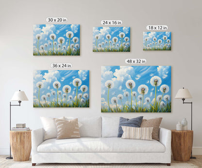 Dandelions Painting, Blue Sky Art, Close up Flowers, Wildflowers Art