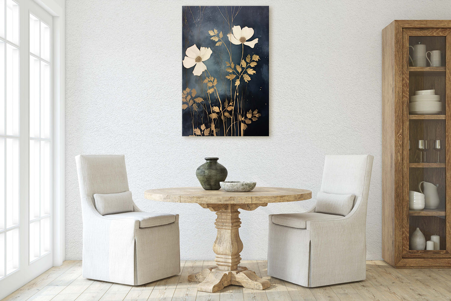 White Flowers, Indigo and Gold, Black and Gold, Wildflowers, Floral Painting, Framed Canvas, Large Print, Simple Bold, Contemporary Modern