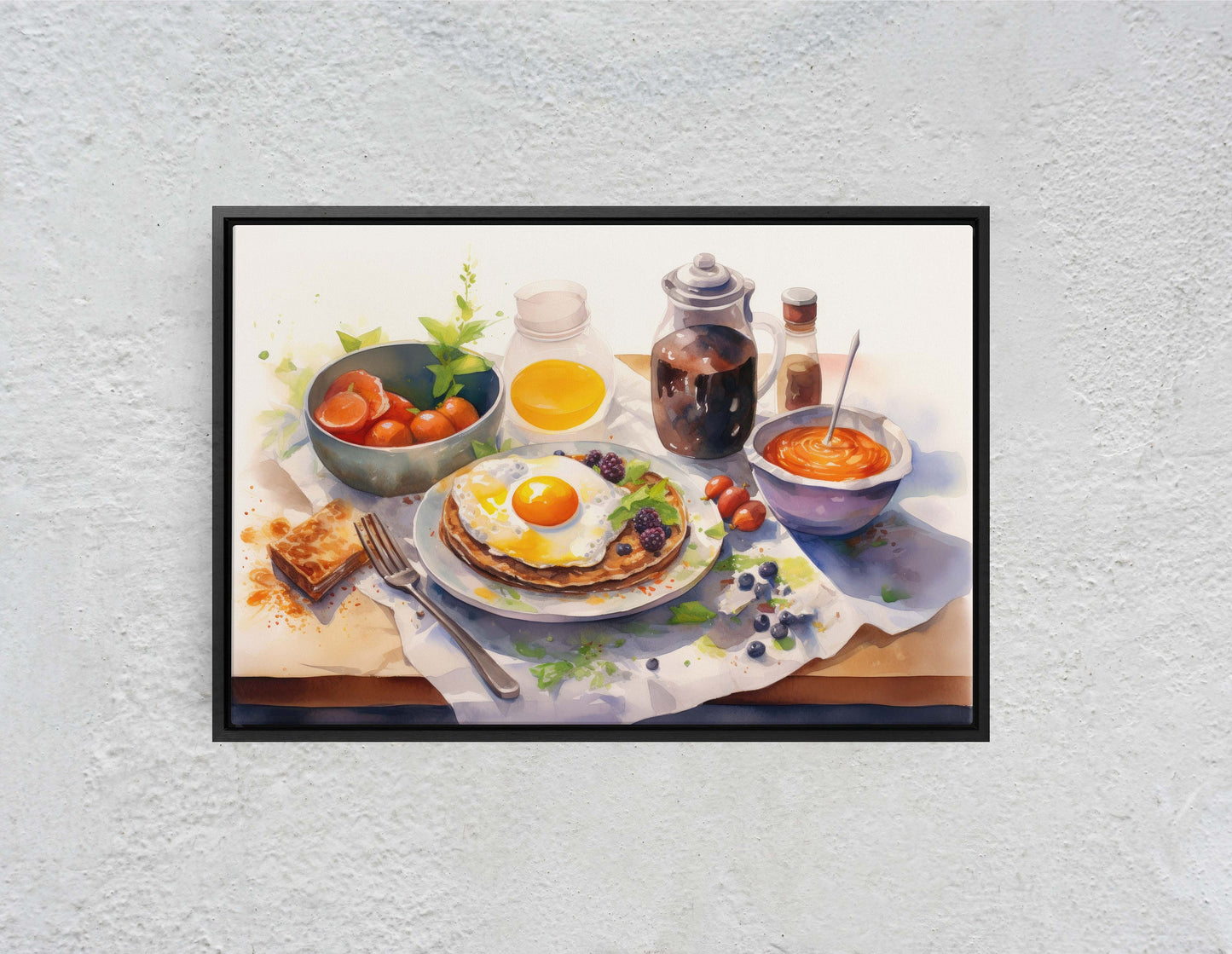 Breakfast Watercolor, Breakfast Painting, Food Art, Kitchen Art, Eggs Pancakes, Coffee, Framed Canvas, Colorful Food Art, Colorful Kitchen