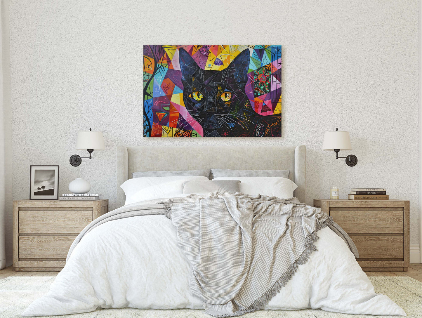 Geometric Cat Art, Whimsical Colorful, Abstract Cat, Pop Art, Large Art Print, Framed Canvas, Black Cat, Cat Lover, Animal Art