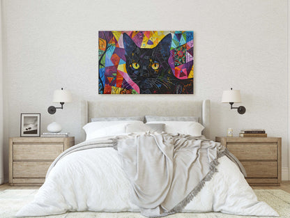Geometric Cat Art, Whimsical Colorful, Abstract Cat, Pop Art, Large Art Print, Framed Canvas, Black Cat, Cat Lover, Animal Art