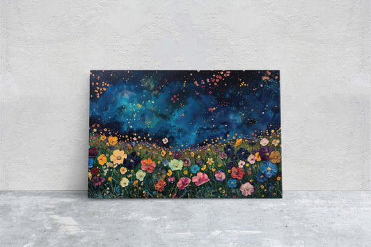 Wildflowers in Night, Night Time, Colorful Decor, Framed Canvas, Flower Print, Floral Decor, Star Sky, Starry