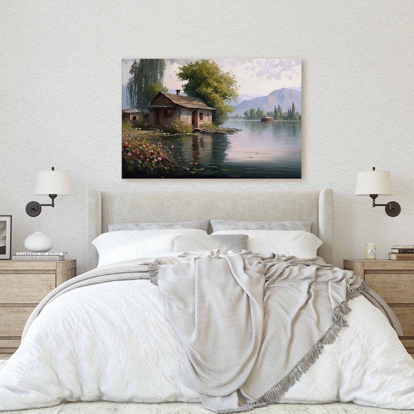 Lake Cottage Canvas Art Ready To Hang Large Print, Oil Painting, Landscape, Dali Lake India