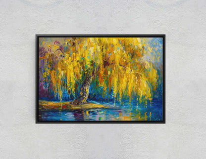 Golden Willow, Weeping Willow, Abstract Modern, Framed Canvas, Large Art Print, Gold and Blue, Tree Painting, Floral Botanical