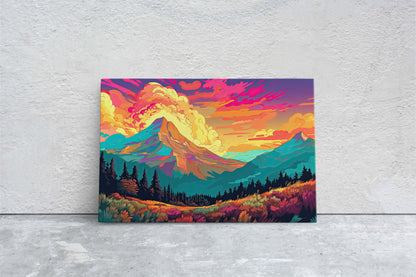 Vibrant Mountains, Colorful Illustration, Bold Colors, National Park, Framed Canvas, Cel Shading, Landscape Drawing, Toon Shading