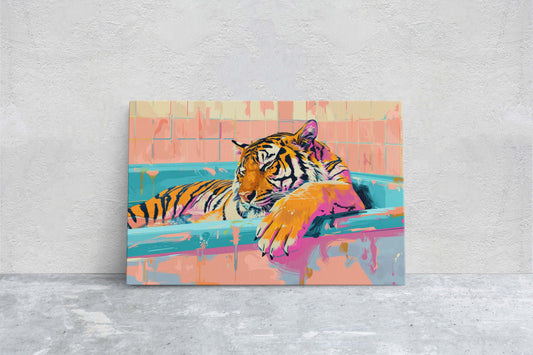 Lounging Tiger Bathtub, Maximalist Art, Dopamine Decor, Pink Kitsch, Bathroom Art, Framed Canvas, Large Art print, Dorm Decor, Pastel Color