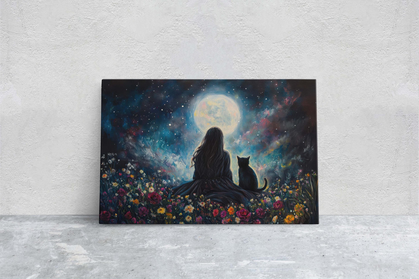 Girl and Cat Moon, Moonlit Night, Dreaming of Tomorrow, Halloween Art, Full Moon, Witch and Cat