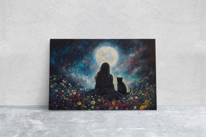 Girl and Cat Moon, Moonlit Night, Dreaming of Tomorrow, Halloween Art, Full Moon, Witch and Cat