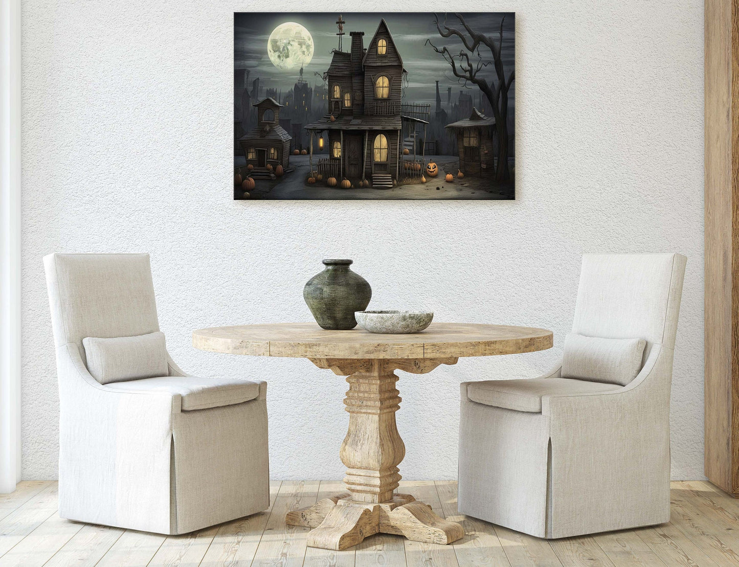 Spooky Mansion, Halloween House, Gothic Home, Scary House, Moonlit Black, Framed Canvas, Creepy cute, Spooky house Art