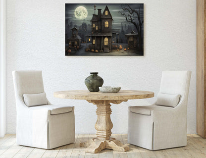 Spooky Mansion, Halloween House, Gothic Home, Scary House, Moonlit Black, Framed Canvas, Creepy cute, Spooky house Art