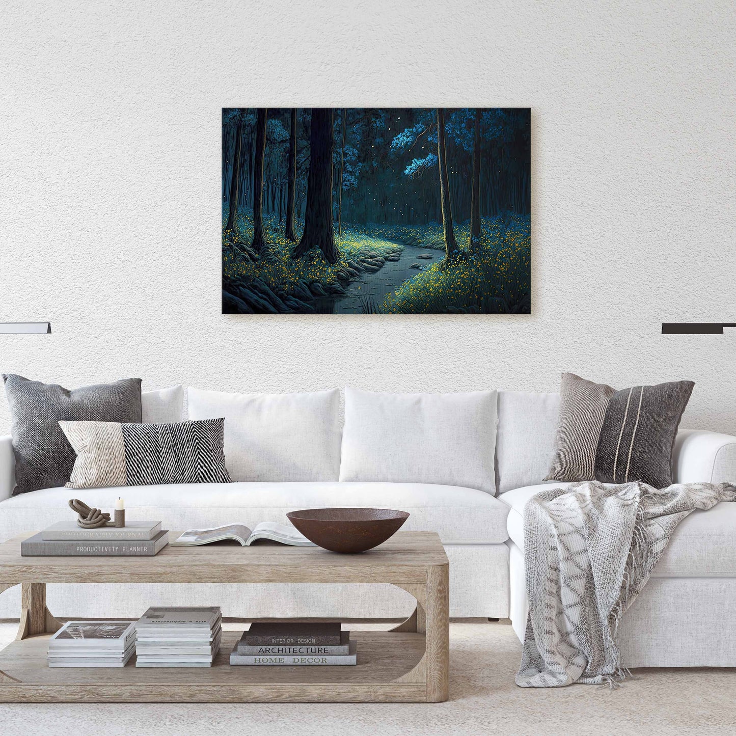 Mystical Forest at Night Fireflies Canvas Art Ready To Hang Large Print, Painting