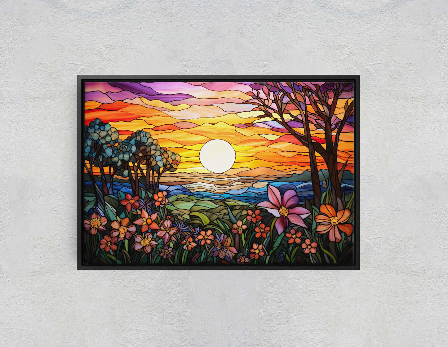 Stained Glass Painting, Faux Stained Glass, Sunset Flowers, Sunrise Field, Mountain Landscape, Framed Canvas, Vivid Colorful