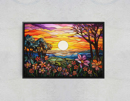 Stained Glass Painting, Faux Stained Glass, Sunset Flowers, Sunrise Field, Mountain Landscape, Framed Canvas, Vivid Colorful