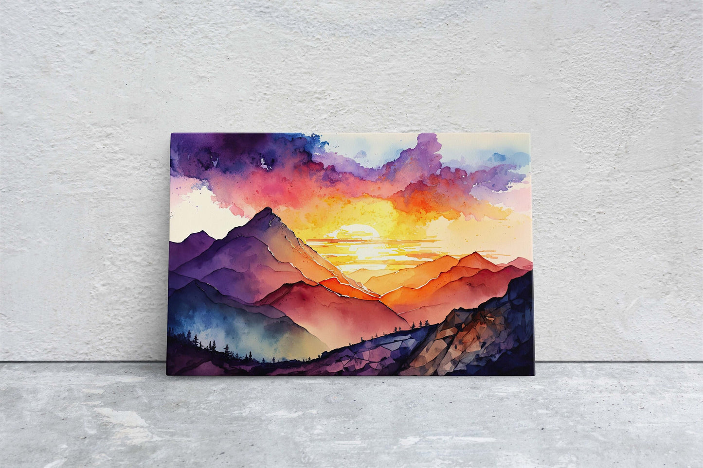 Watercolor mountains, Colorful sunset, Canvas Art, Large Print, Painting, Landscape, vibrant colors, dramatic landscape, living room