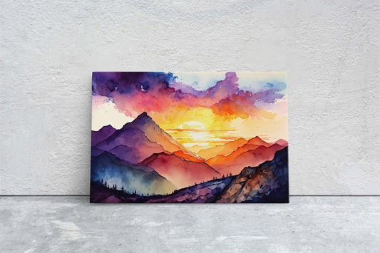 Watercolor mountains, Colorful sunset, Canvas Art, Large Print, Painting, Landscape, vibrant colors, dramatic landscape, living room