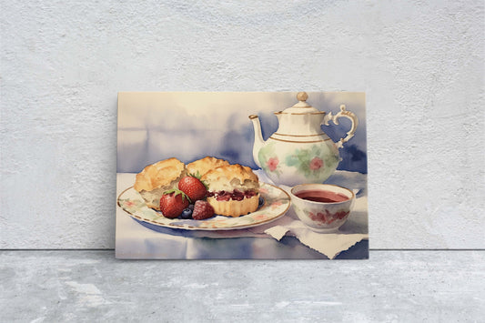 Tea and Scones, Watercolor, Food Painting, Kitchen Decor, Large Canvas, Ready to Hang, Dining Room, Canvas Print, Teapot, Baking