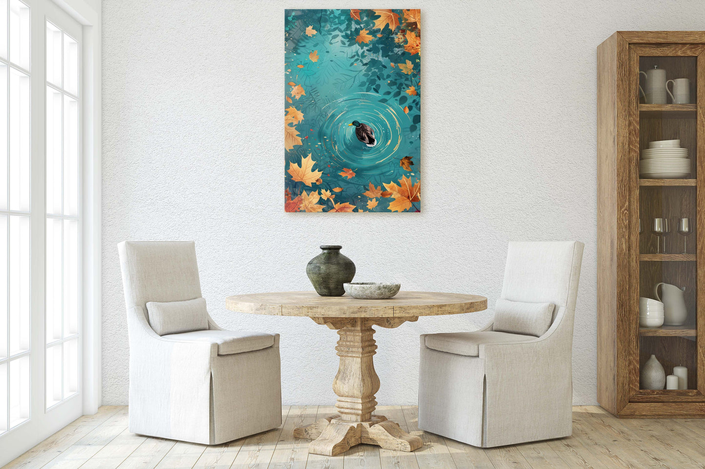 Mallard Duck Fall, Duck in Lake, Framed Canvas, Fall Season, Large Art print, Vertical Print, Leaves in Lake, Tranquil Decor