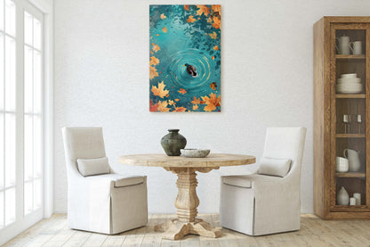 Mallard Duck Fall, Duck in Lake, Framed Canvas, Fall Season, Large Art print, Vertical Print, Leaves in Lake, Tranquil Decor