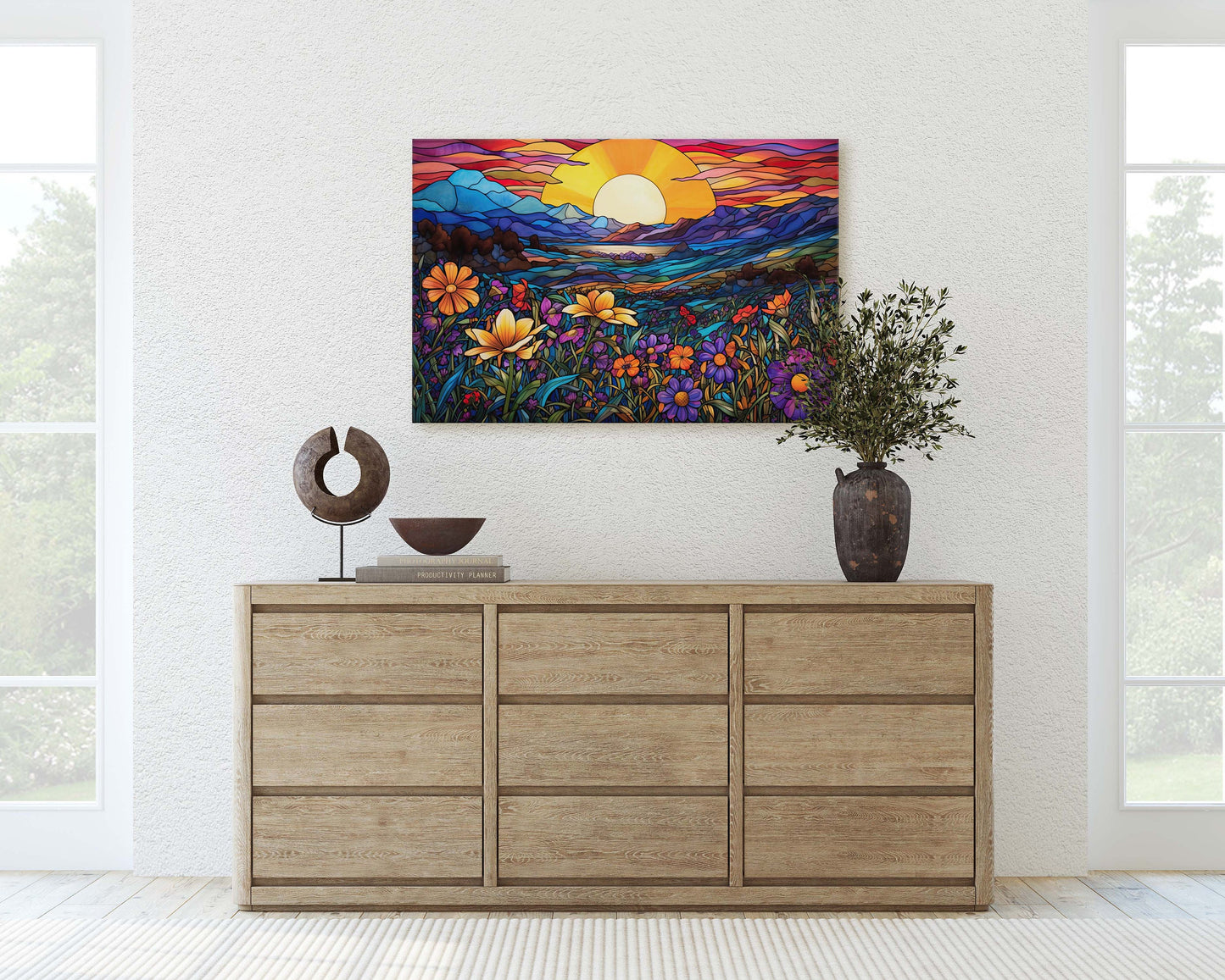 Stained Glass Painting, Blue Mountains, Faux Stained Glass, Sunset Flowers, Sunrise Field, Mountain Landscape, Framed Canvas, Vivid Colorful