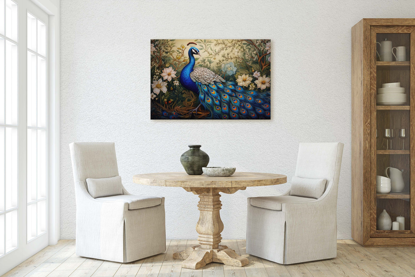 Peacock Painting, White Flowers, Oriental Decor, Traditional Decor, Framed Canvas, Bird Print
