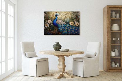 Peacock Painting, White Flowers, Oriental Decor, Traditional Decor, Framed Canvas, Bird Print