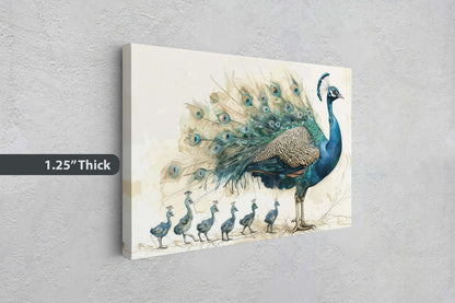 Peacock Family, Peacock Painting, Bird Family, Mom and Kids, Children Babies, Large Art Print, Framed Canvas, Dad Child