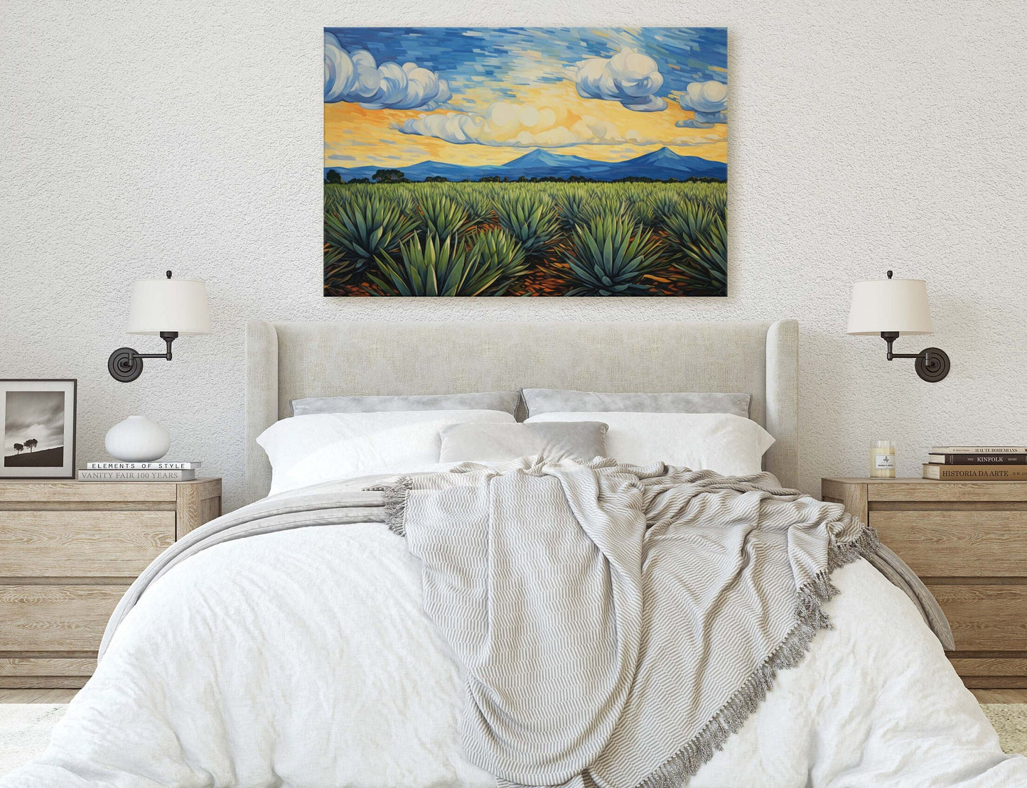 Agave Field on Canvas, Blue Mountains, Sunrise Sunset, Retro Vintage, Mid Century Modern