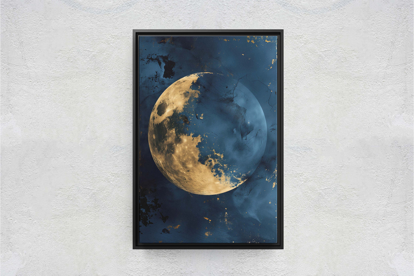 Gold Moon Indigo, Celestial Painting, Gold and Dark Blue, Minimalist Decor, Maximalist Art, Framed Canvas, Space Decor, Night Sky