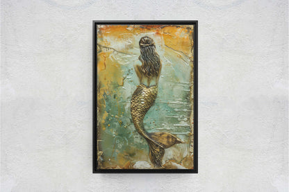 Rustic Mermaid, Faux metal art, Mythical Creature, Ocean Decor, Framed Canvas, Large Art print, Fantasy Painting