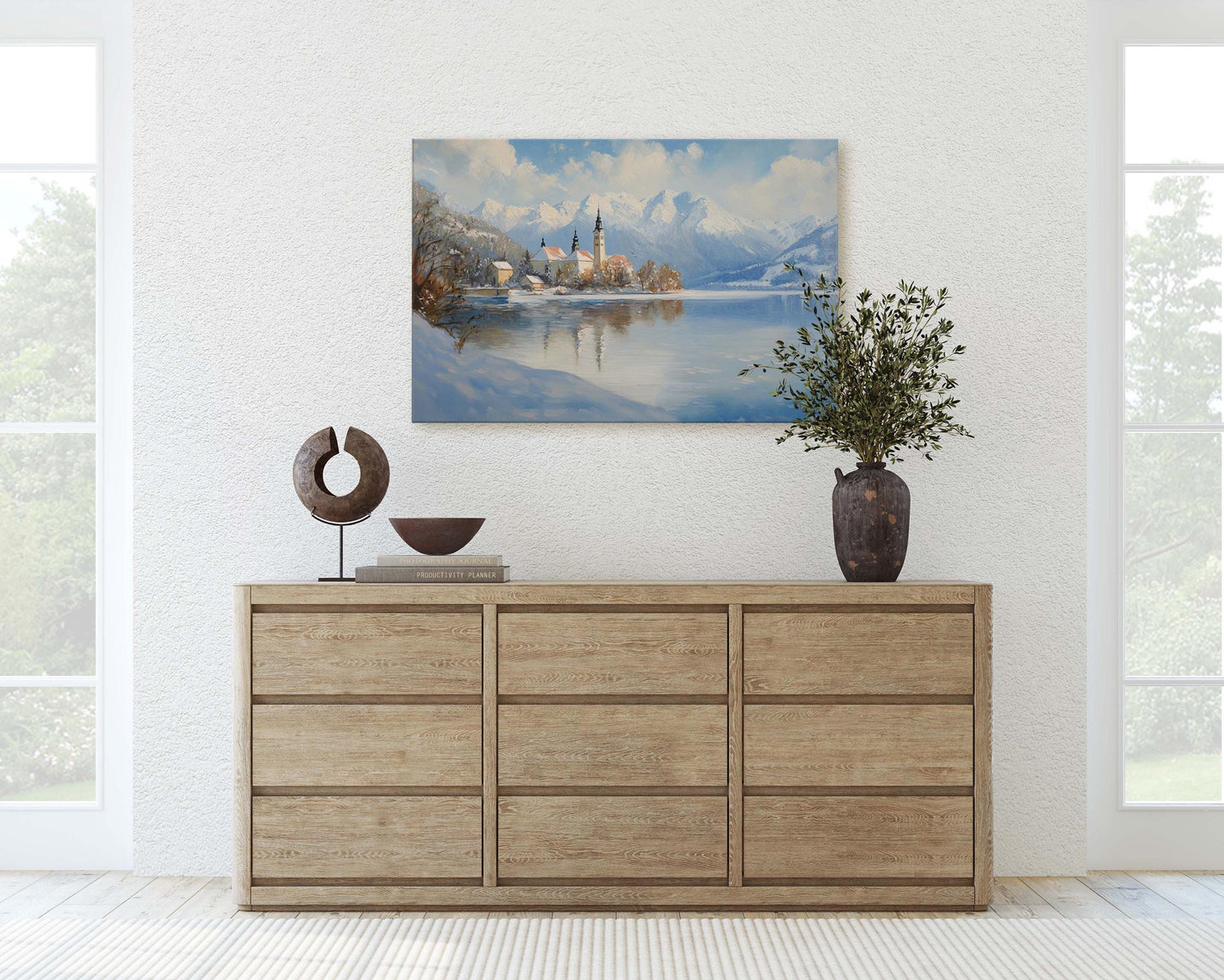 Lake Bled Painting, Slovenia Art, Scenic Art, Winter Lake