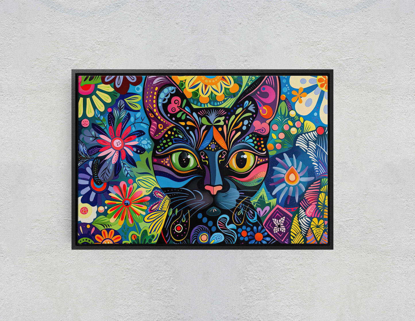 Whimsical Cat Art, Geometric Colorful, Abstract Cat, Pop Art, Large Art Print, Framed Canvas, Black Cat, Cat Lover, Animal Art