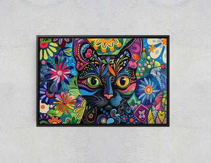 Whimsical Cat Art, Geometric Colorful, Abstract Cat, Pop Art, Large Art Print, Framed Canvas, Black Cat, Cat Lover, Animal Art