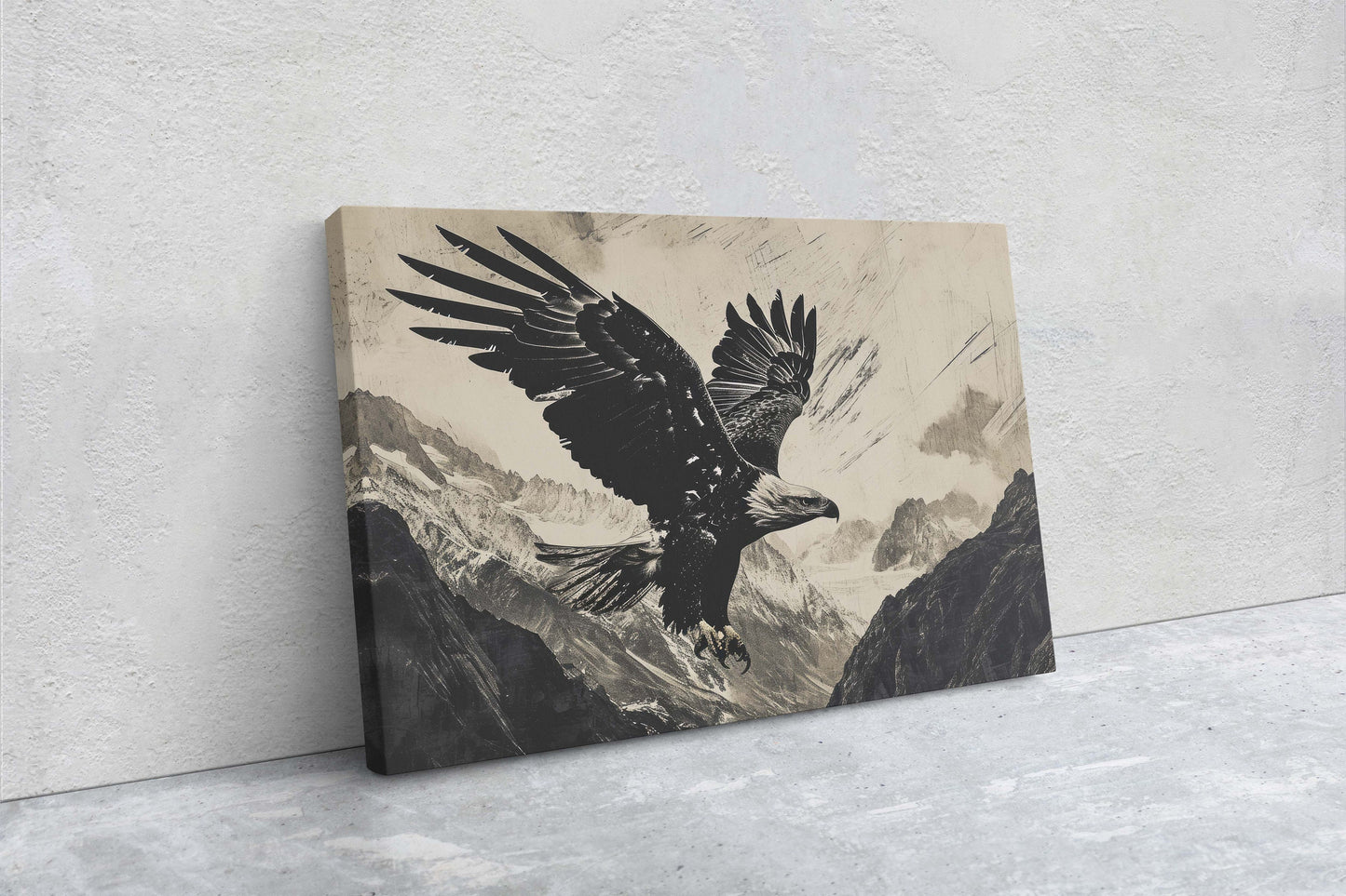 Black and White Eagle, Bald Eagle Painting, Cabin Decor, Mountain Home Art, Framed Canvas, Mountain Range, Nature Art