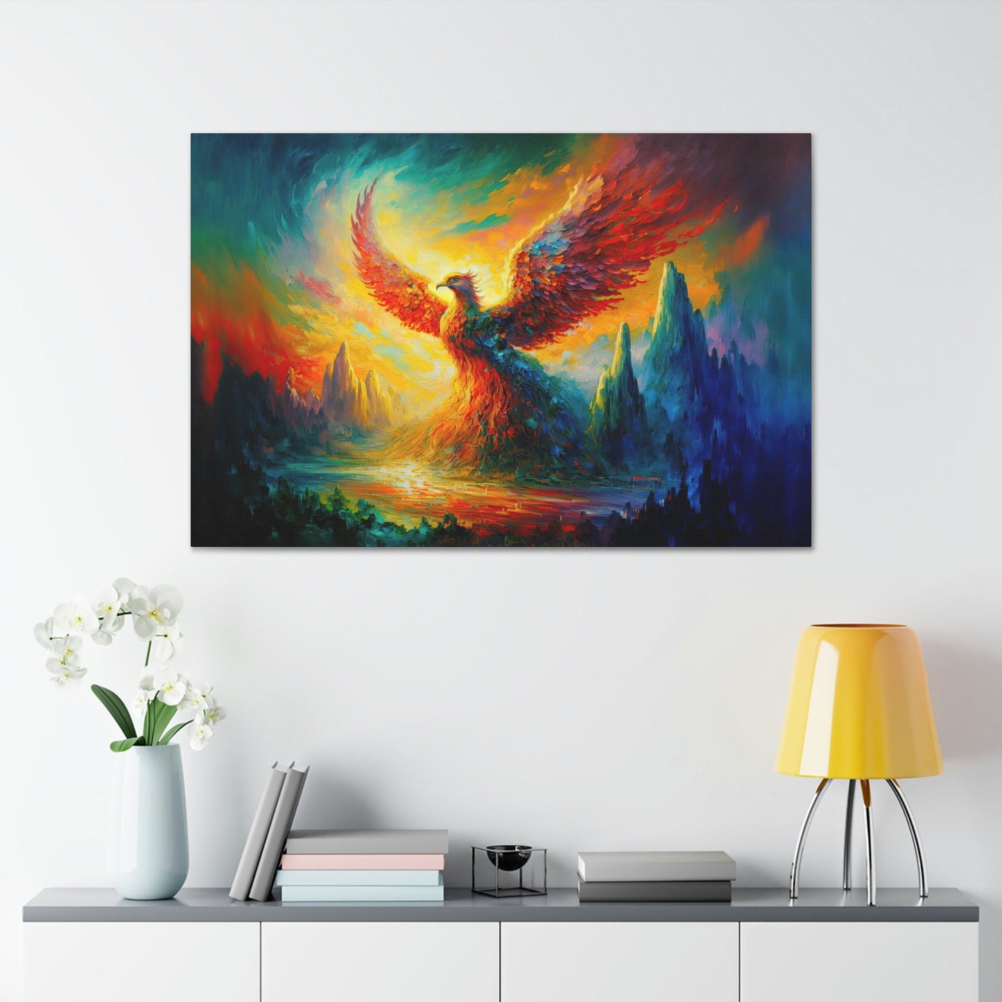 Phoenix Bird Colorful Canvas Art Ready To Hang Large Print, Oil Painting, Fantasy, Mythical Creature, Mythology, Fire Bird, Dramatic