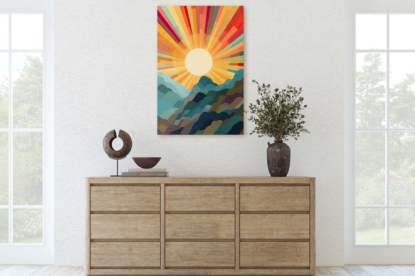Sunshine Mountain on Canvas, Sunset Decor, Flat Art, Vibrant Color, Bold Art, Vertical, Abstract, Mid Century Modern, Scandinavian Print