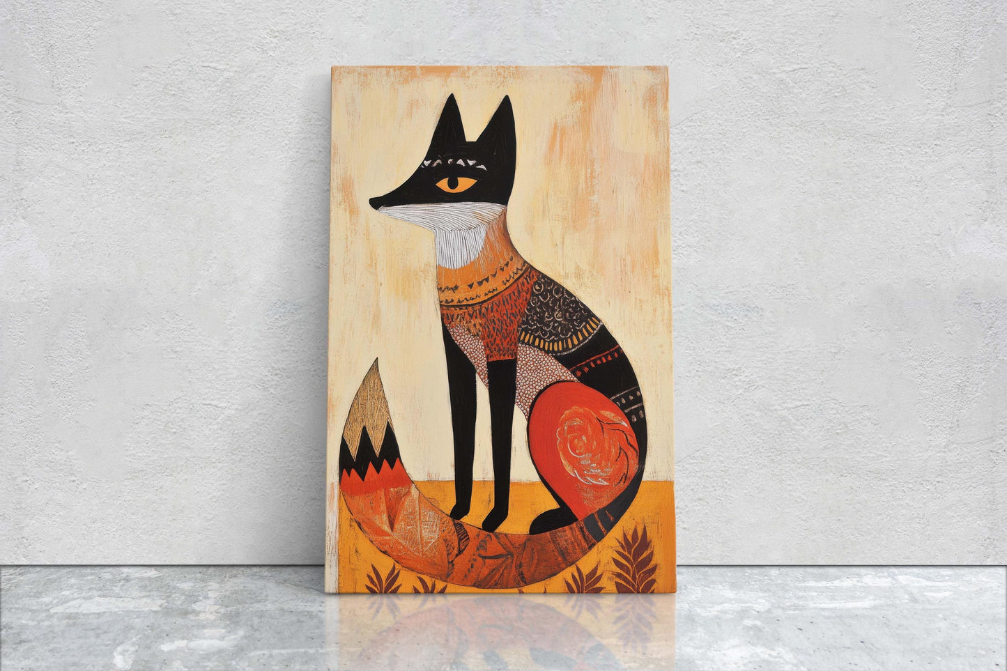 Scandinavian Fox, Folk Art, Celestial Art,  Framed Canvas, Nature Print, Whimsical, Egyptian, Abstract