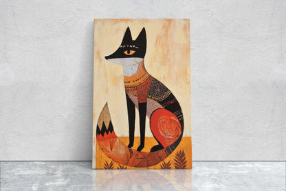 Scandinavian Fox, Folk Art, Celestial Art,  Framed Canvas, Nature Print, Whimsical, Egyptian, Abstract