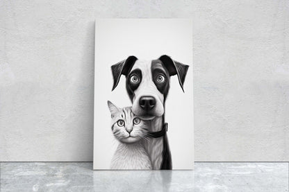 Black White Cat Dog, Loving Pets, Cute Animals, Minimalism, Animal Art, Kitten Decor, Puppy Art, Framed Canvas, Quirky Animal